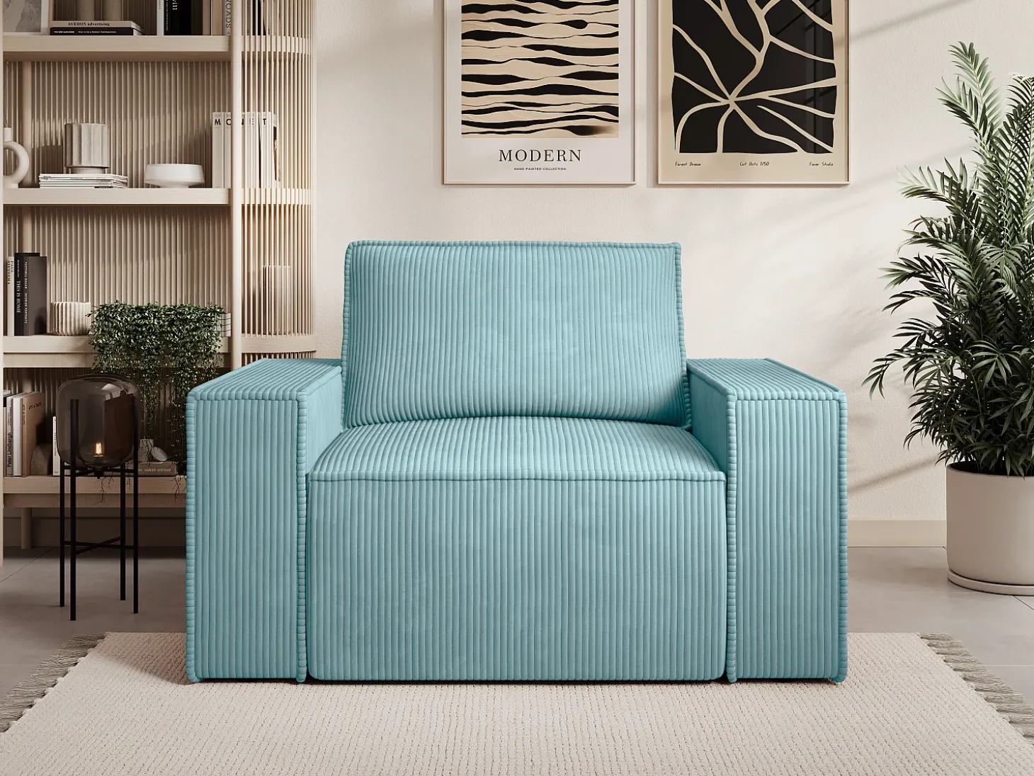Poltrona veludo canelado azul-turquesa estilo design AMELIA