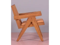 Poltrona vintage com braços em madeira teca e couro italiano - Compass - Conhaque