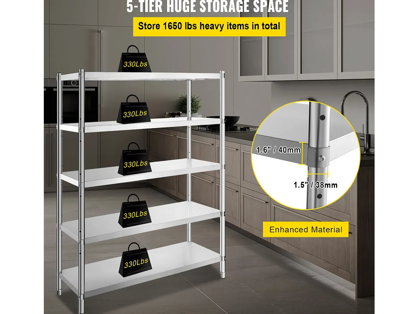 Prateleira de Cozinha, SucceBuy, Estante de 48 x 18,5 Polegadas em aço Inoxidável, 5 Níveis, Prateleiras de Armazenamento Ajustáveis