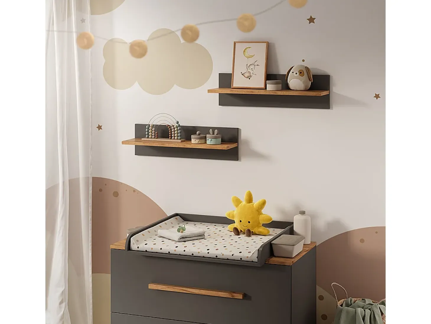 Prateleira de parede para quarto infantil cinza/artesanal 70x20x20 malia