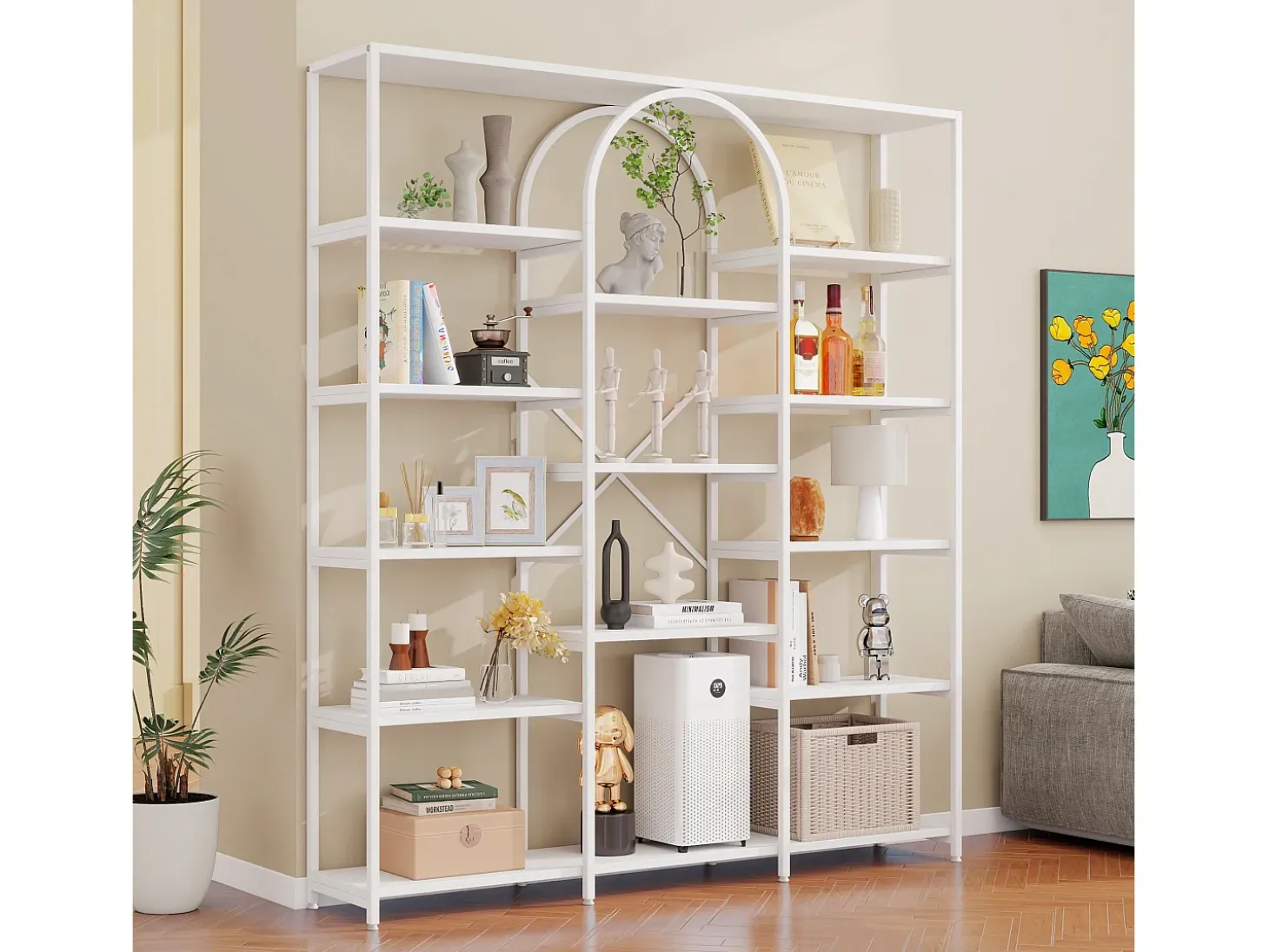 Prateleira em aço e MDF de 160 x 30 x 180 cm - Design retangular e arqueado - Branca