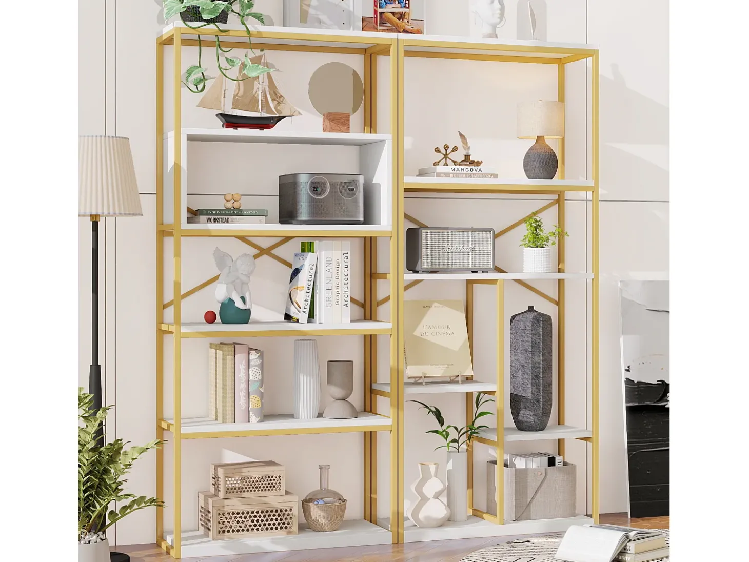Prateleira moderna 160x29,5x180 cm - Prateleiras de vários níveis - Estrutura de tubos de aço e MDF - Forma retangular - Dourado e branco