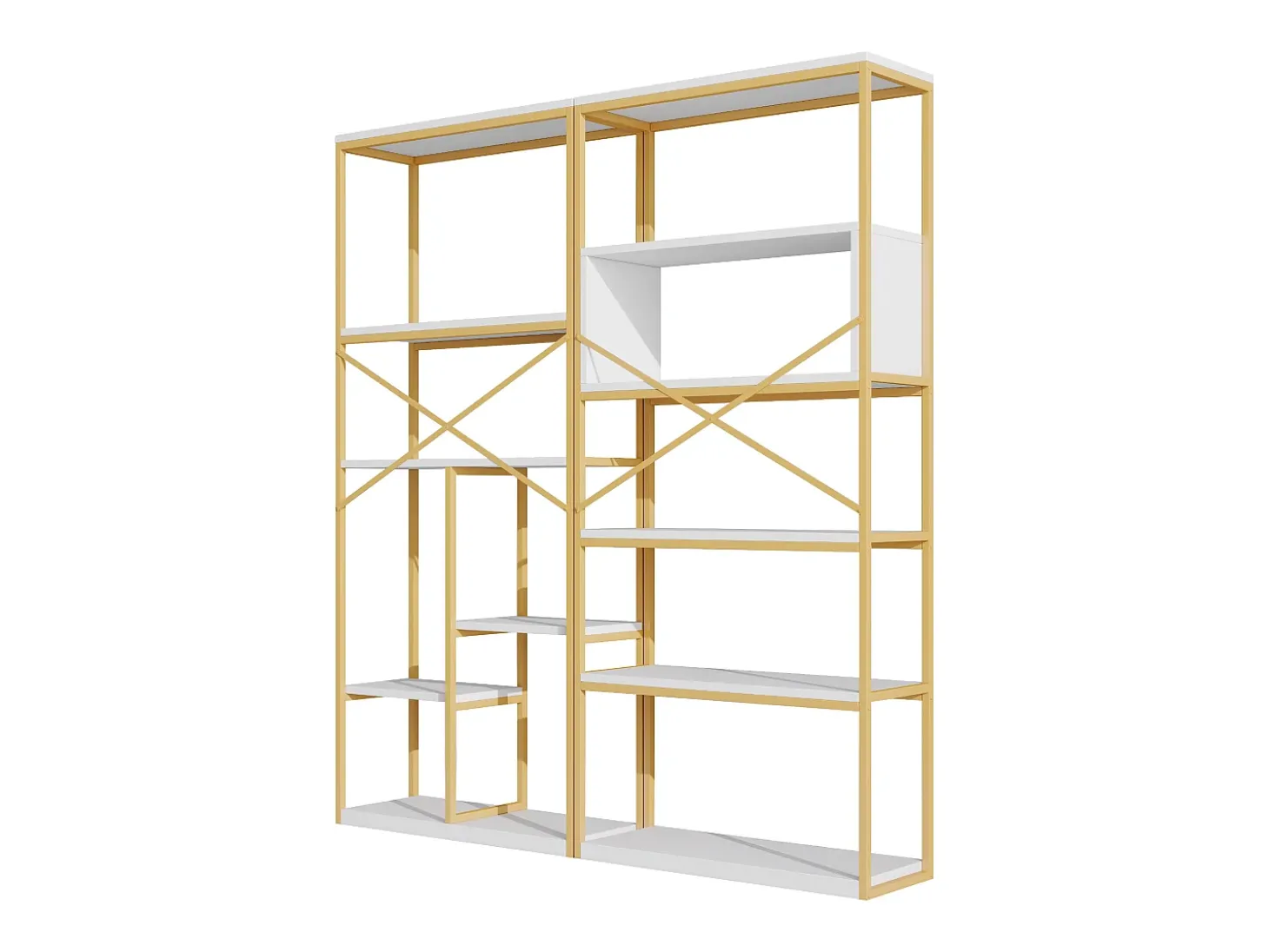 Prateleira moderna 160x29,5x180 cm - Prateleiras de vários níveis - Estrutura de tubos de aço e MDF - Forma retangular - Dourado e branco