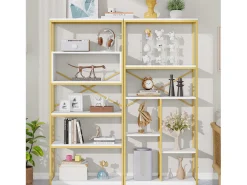 Prateleira moderna 160x29,5x180 cm - Prateleiras de vários níveis - Estrutura de tubos de aço e MDF - Forma retangular - Dourado e branco