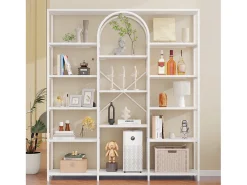 Prateleira moderna 160x30x180 cm - Prateleiras de vários níveis - Tubos de aço + MDF - Design retangular e curvo - Branco