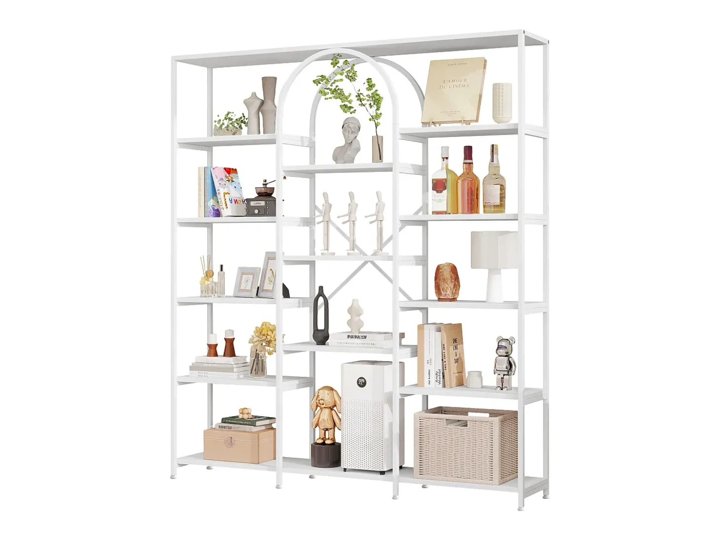 Prateleira moderna 160x30x180 cm - Prateleiras de vários níveis - Tubos de aço + MDF - Design retangular e curvo - Branco