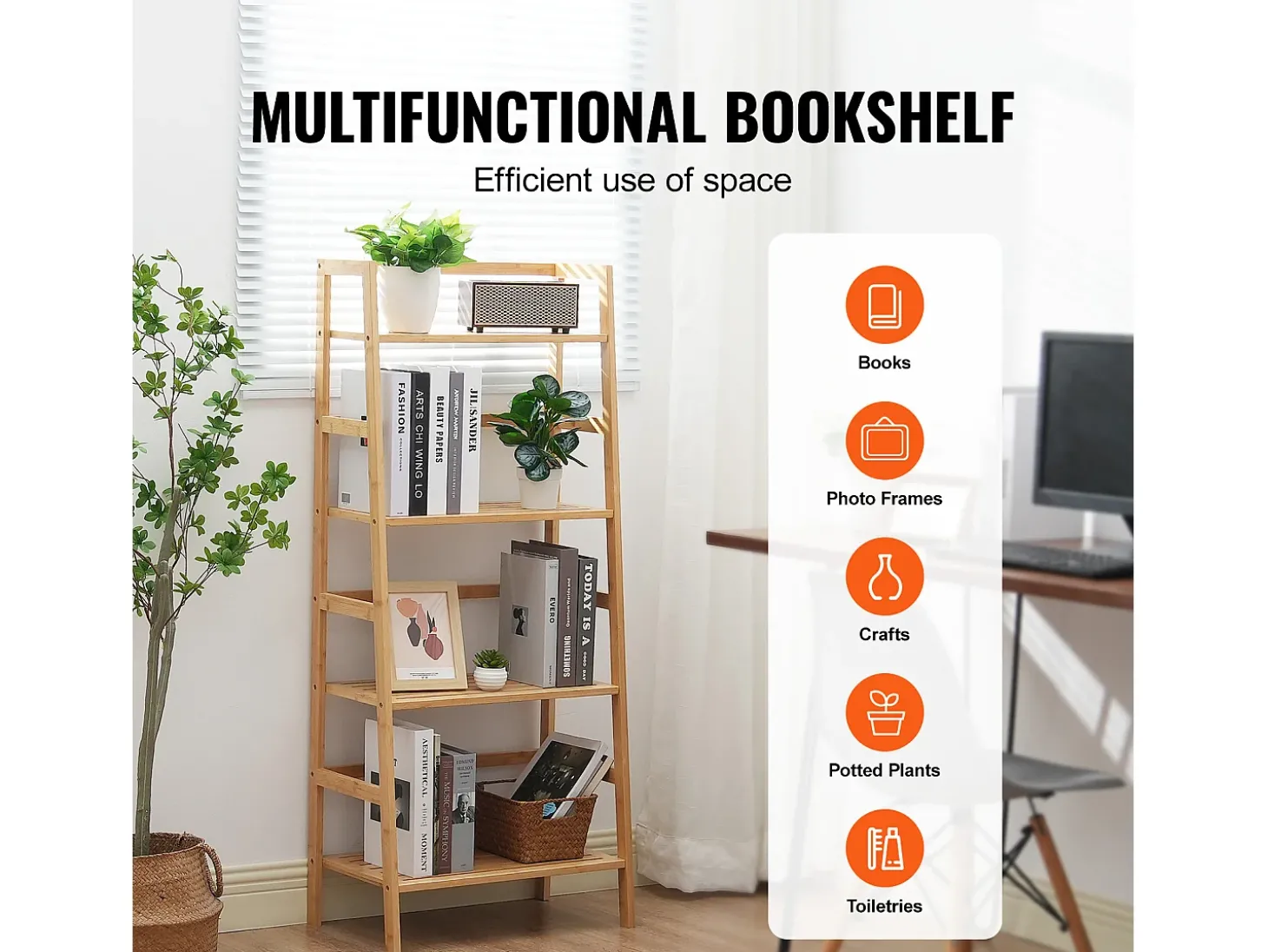 Prateleira SucceBuy de Bambu com 4 Níveis Prateleira de Armazenamento em Escada Trapezoidal para Banheiro, Quarto, Escritório, Estudo, Madeira Natural