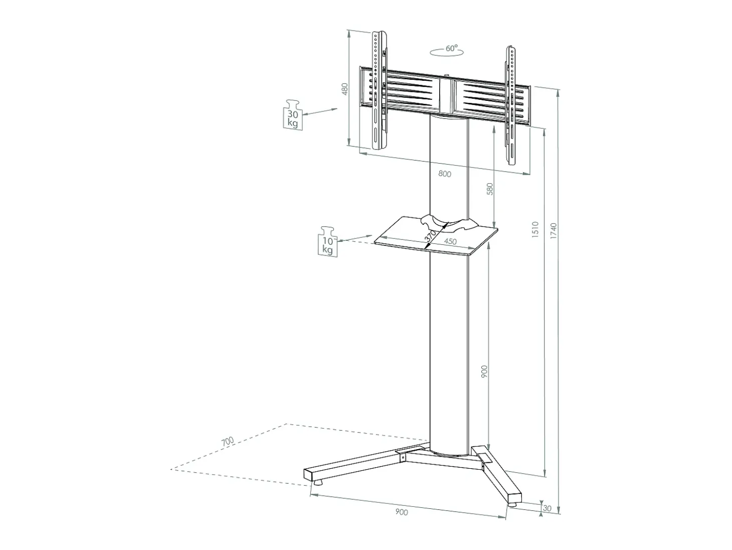 Pés de suporte de TV Stadino Prata A. 174 x L. 90 x P. 74 cm
