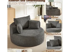 Puff Redondo de Chenille, Espuma Alta Densidade, com 3 Almofadas, Cinza, 127x127x85cm