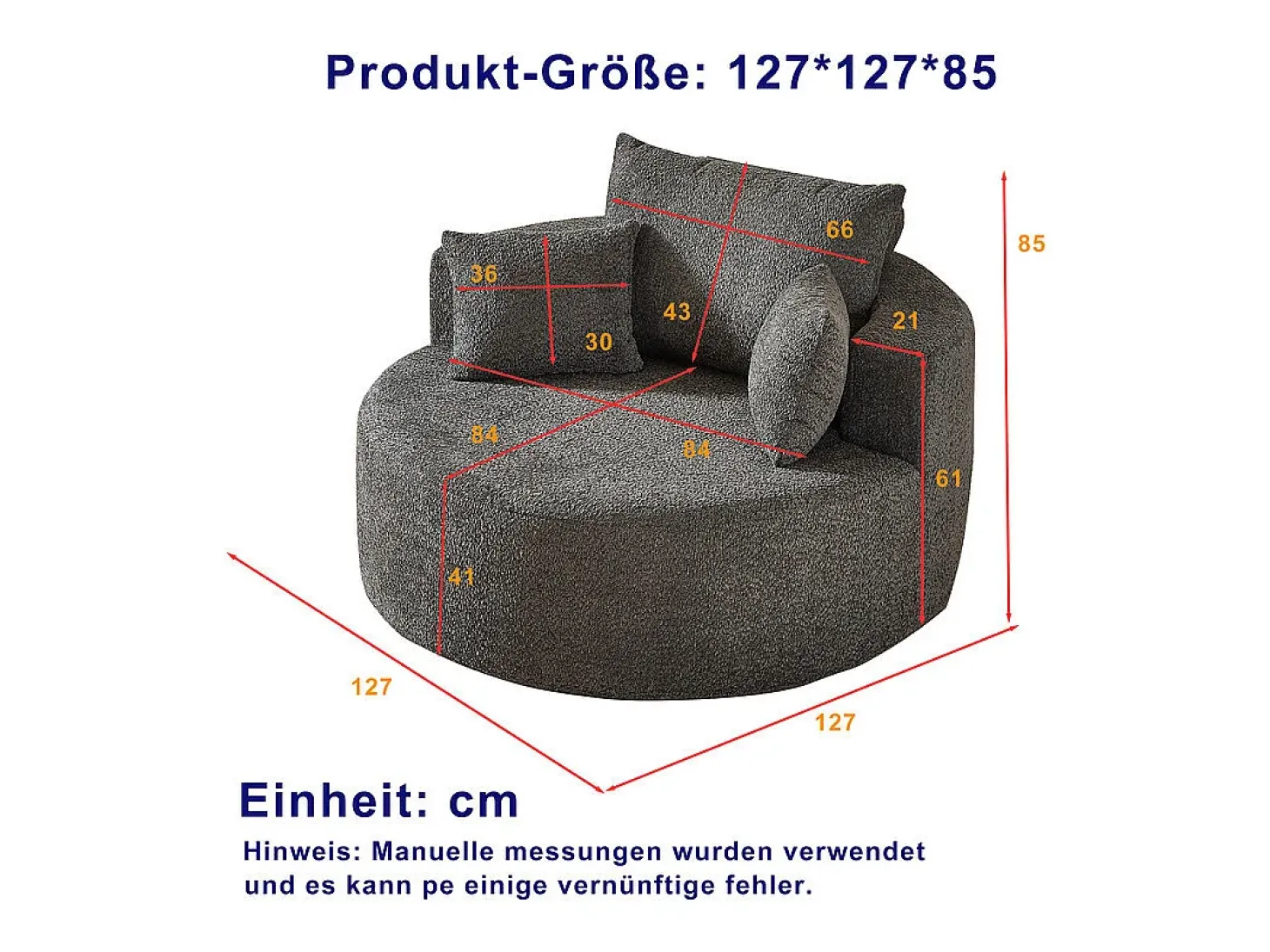 Puff Redondo de Chenille, Espuma Alta Densidade, com 3 Almofadas, Cinza, 127x127x85cm