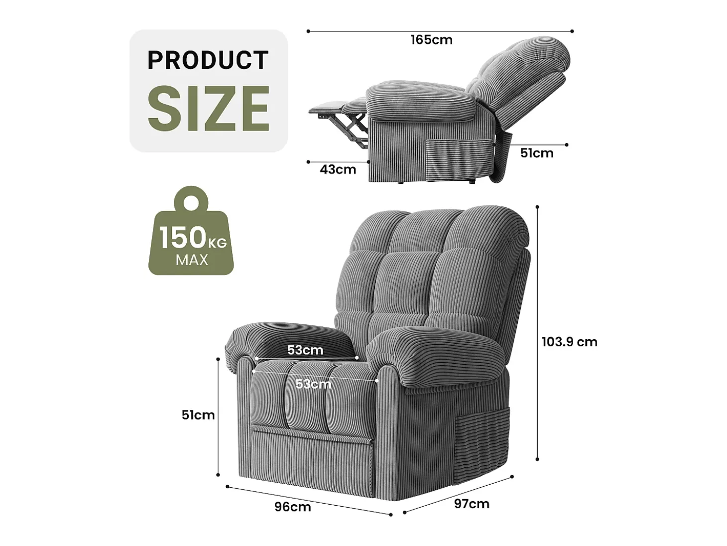Relaxe a cadeira de veludo elétrica da poltrona, com USB, encosto ajustável, anti -estático com apoio para os pés - 96x97x104cm cinza cinza