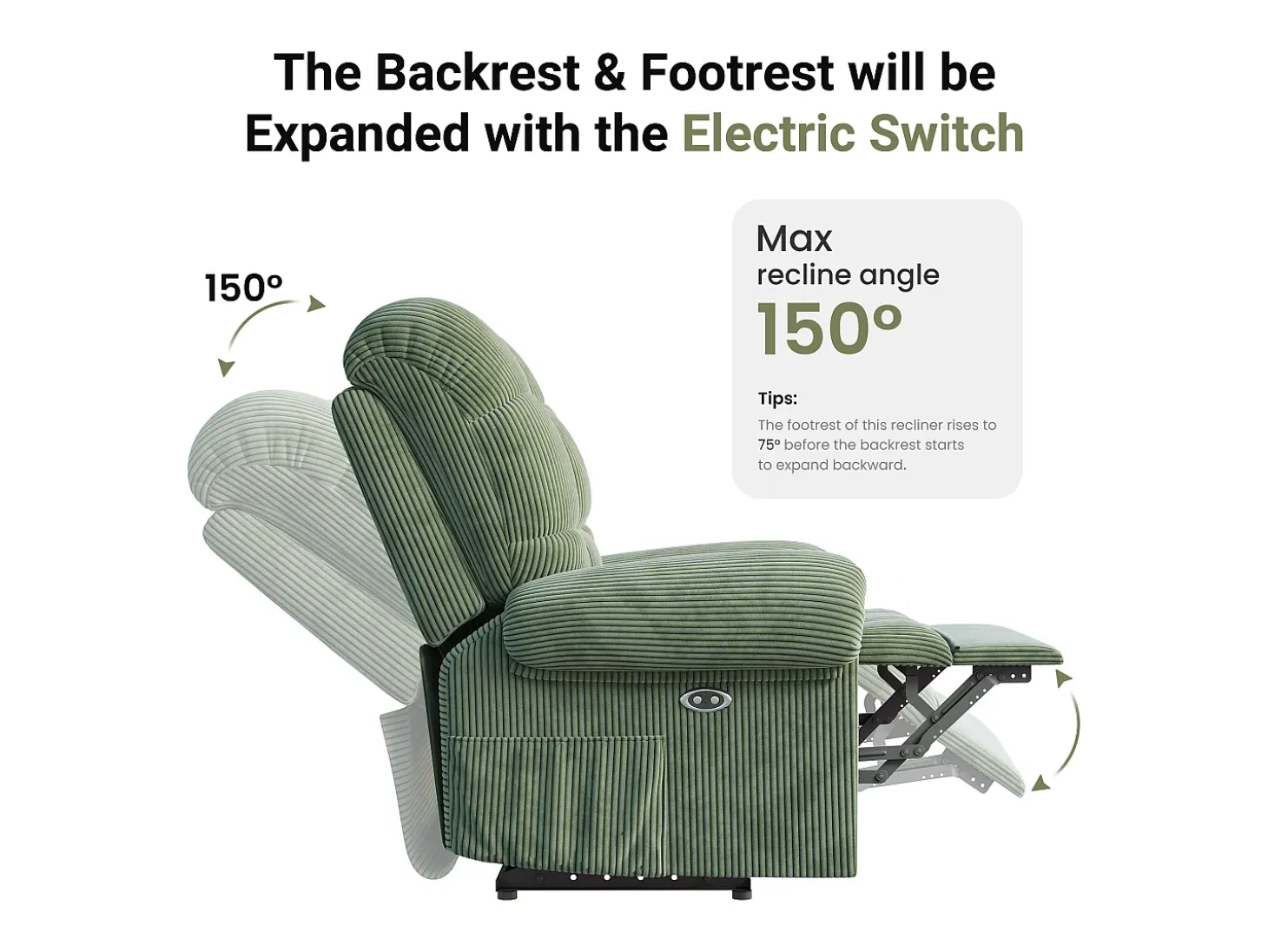 Relaxe a poltrona elétrica de poltrona, cadeira de lazer ajustável com USB, encosto ajustável, anti -estático com apoio para os pés - 96x97x104cm verde