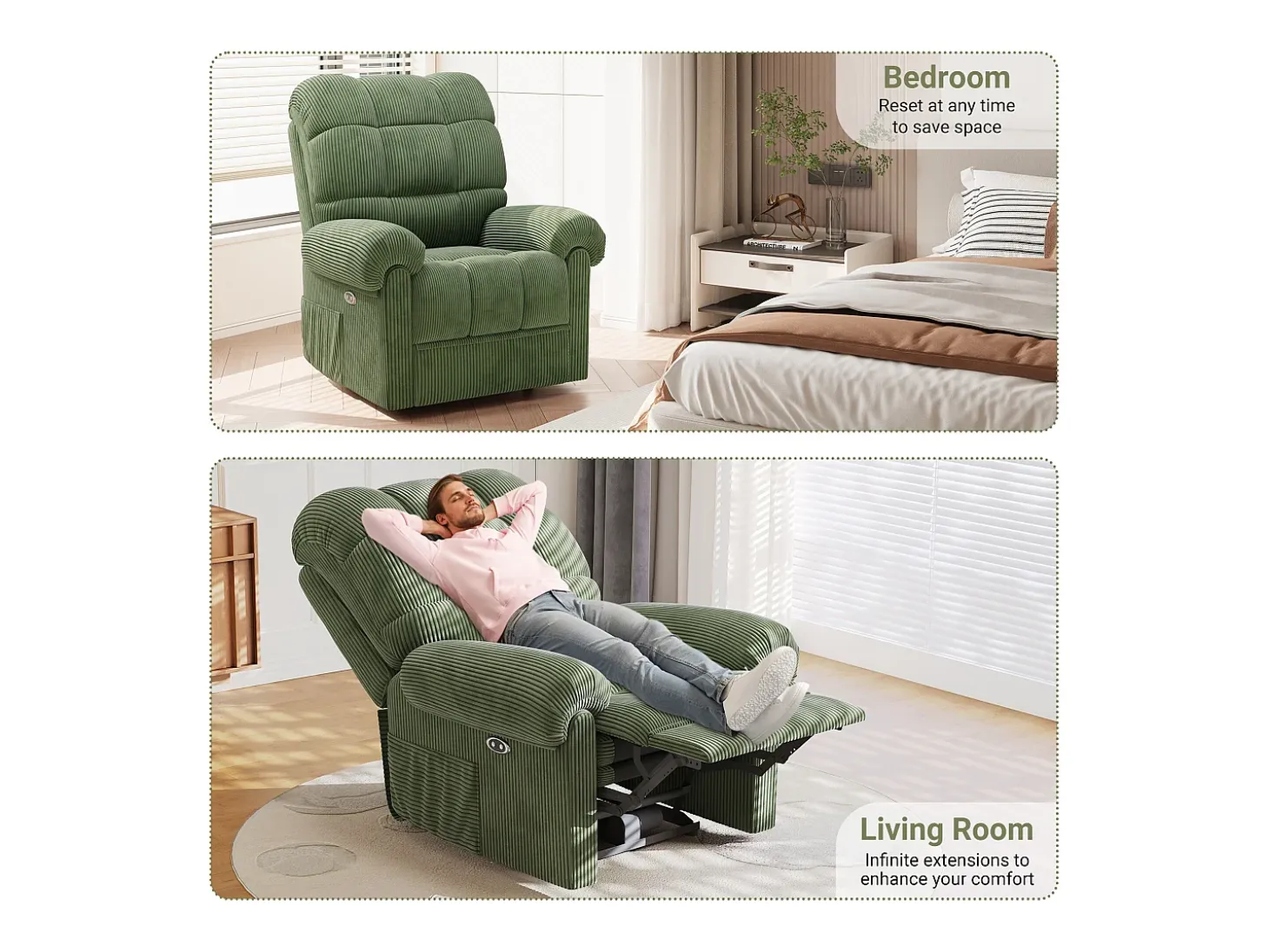 Relaxe a poltrona elétrica de poltrona, cadeira de lazer ajustável com USB, encosto ajustável, anti -estático com apoio para os pés - 96x97x104cm verde
