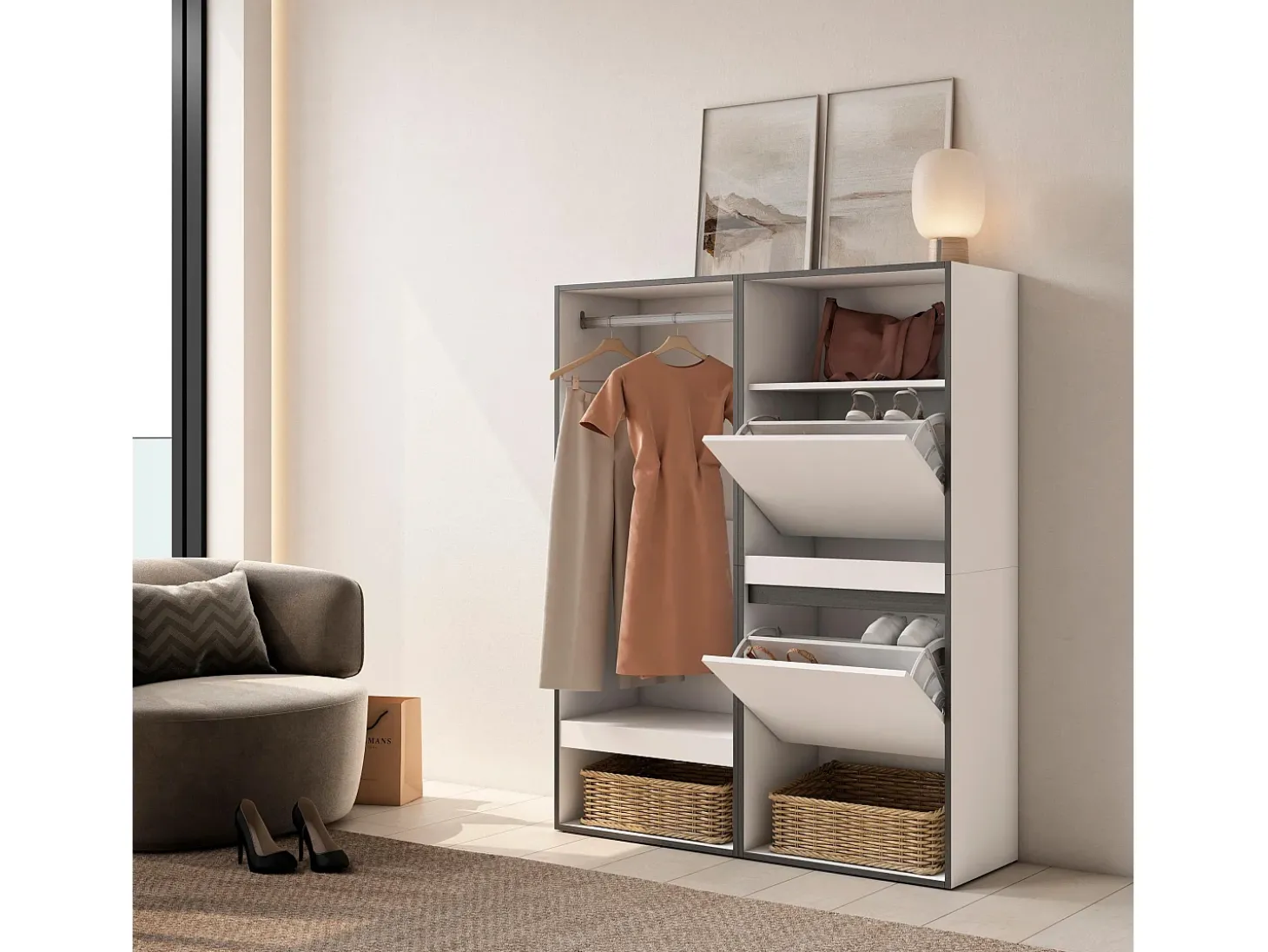 Roupeiro aberto, 120x35x145cm, Para quarto, dormitório, Sapateira, Branco