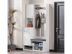 Roupeiro branco com 2 portas, 1 gaveta, 4 ganchos e 1 banco, 100x30x180cm