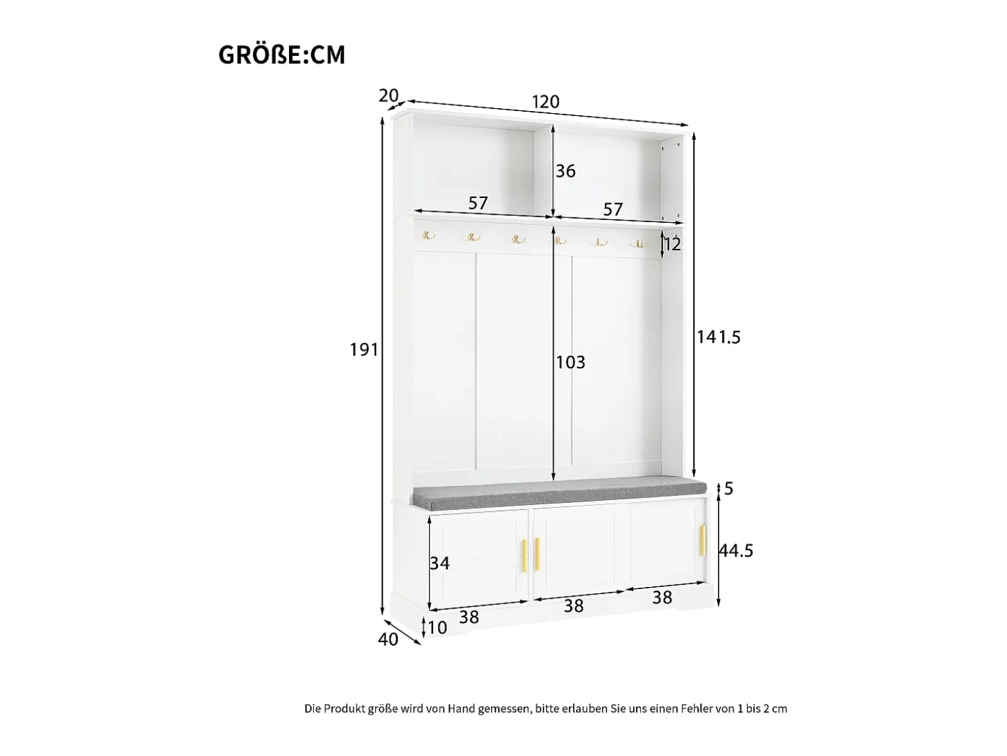 Roupeiro branco com 3 portas, sapateira e 6 ganchos, simples e versátil 120×40×191 cm