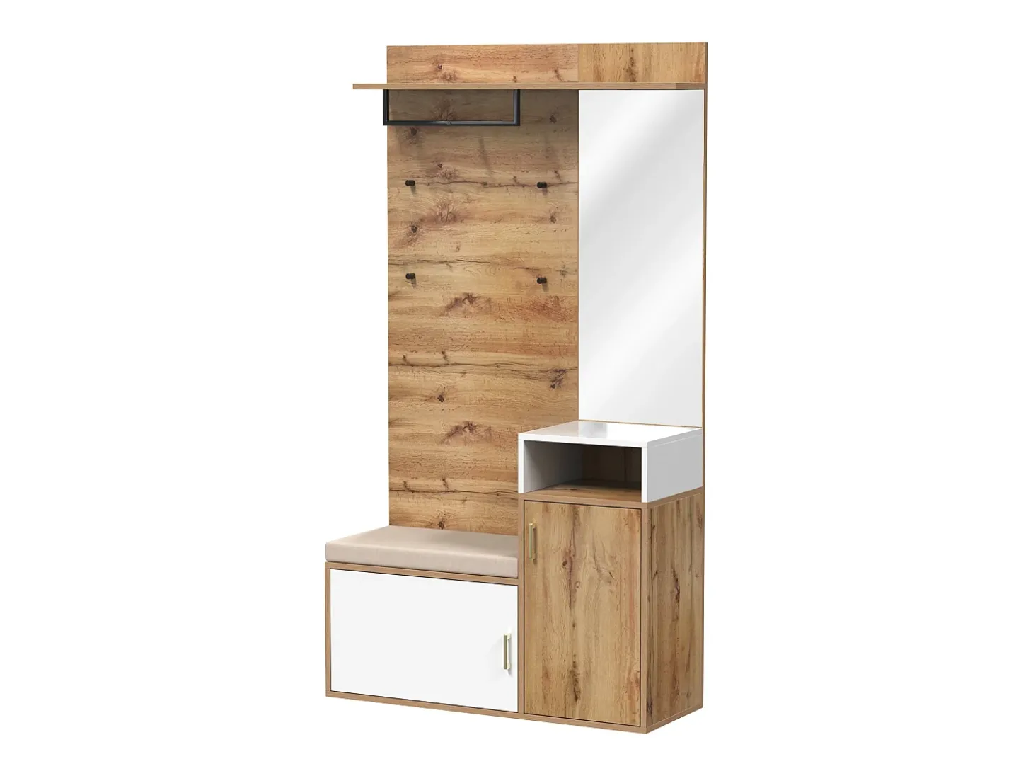 Roupeiro branco e madeira com espelho, 2 portas, banco e 4 ganchos 105x40x190,5cm