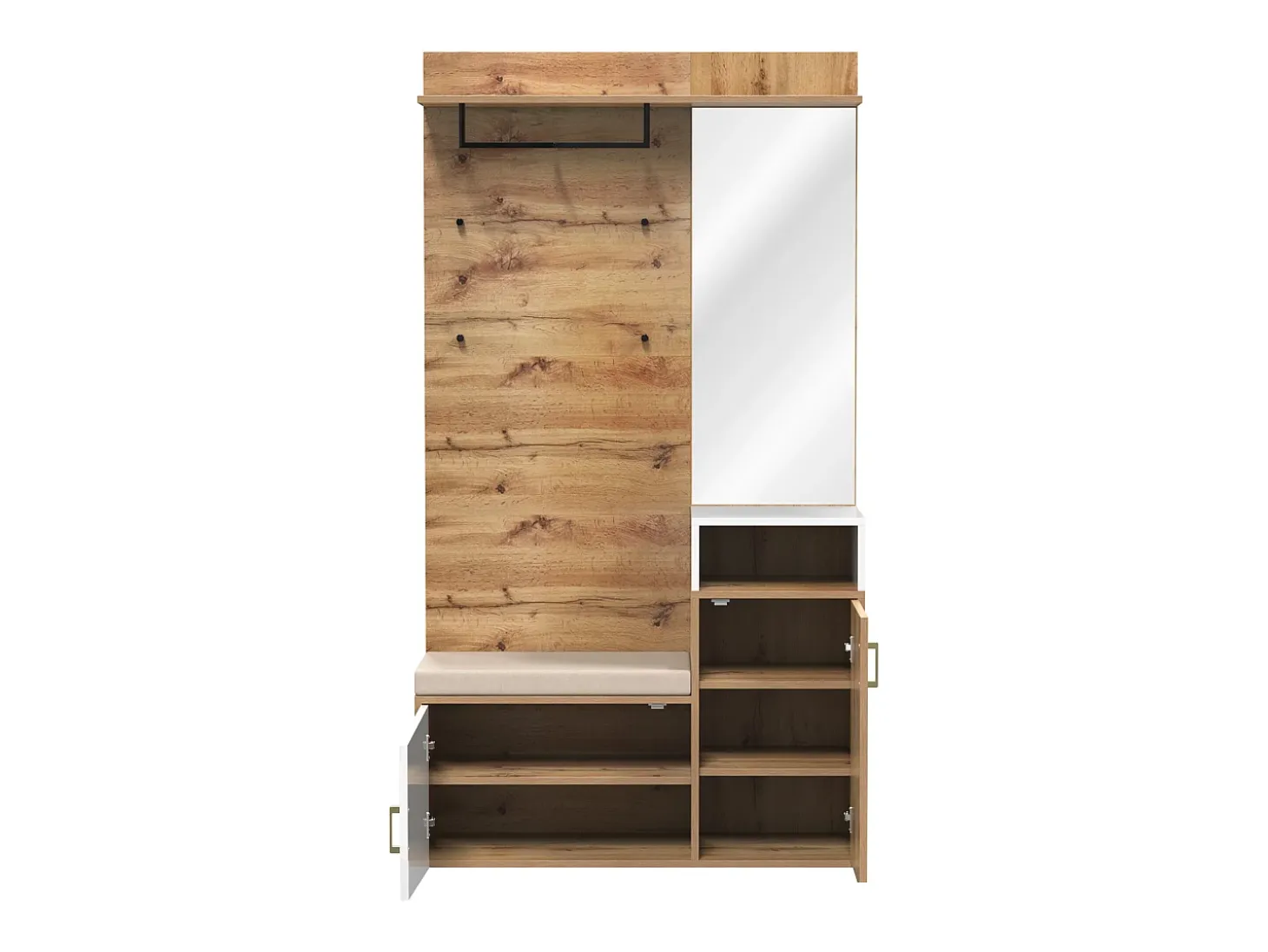 Roupeiro branco e madeira com espelho, 2 portas, banco e 4 ganchos 105x40x190,5cm