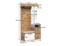 Roupeiro branco e madeira com espelho, 2 portas, banco e 4 ganchos 105x40x190,5cm