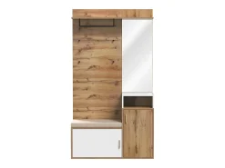 Roupeiro branco e madeira com espelho, 2 portas, banco e 4 ganchos 105x40x190,5cm