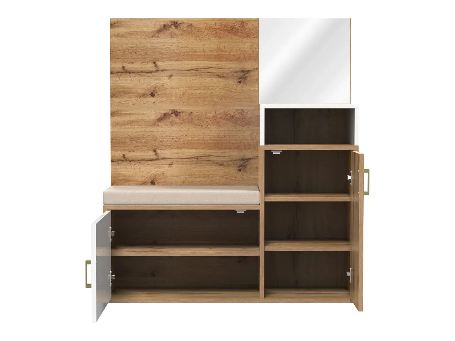 Roupeiro branco e madeira com espelho, 2 portas, banco e 4 ganchos 105x40x190,5cm