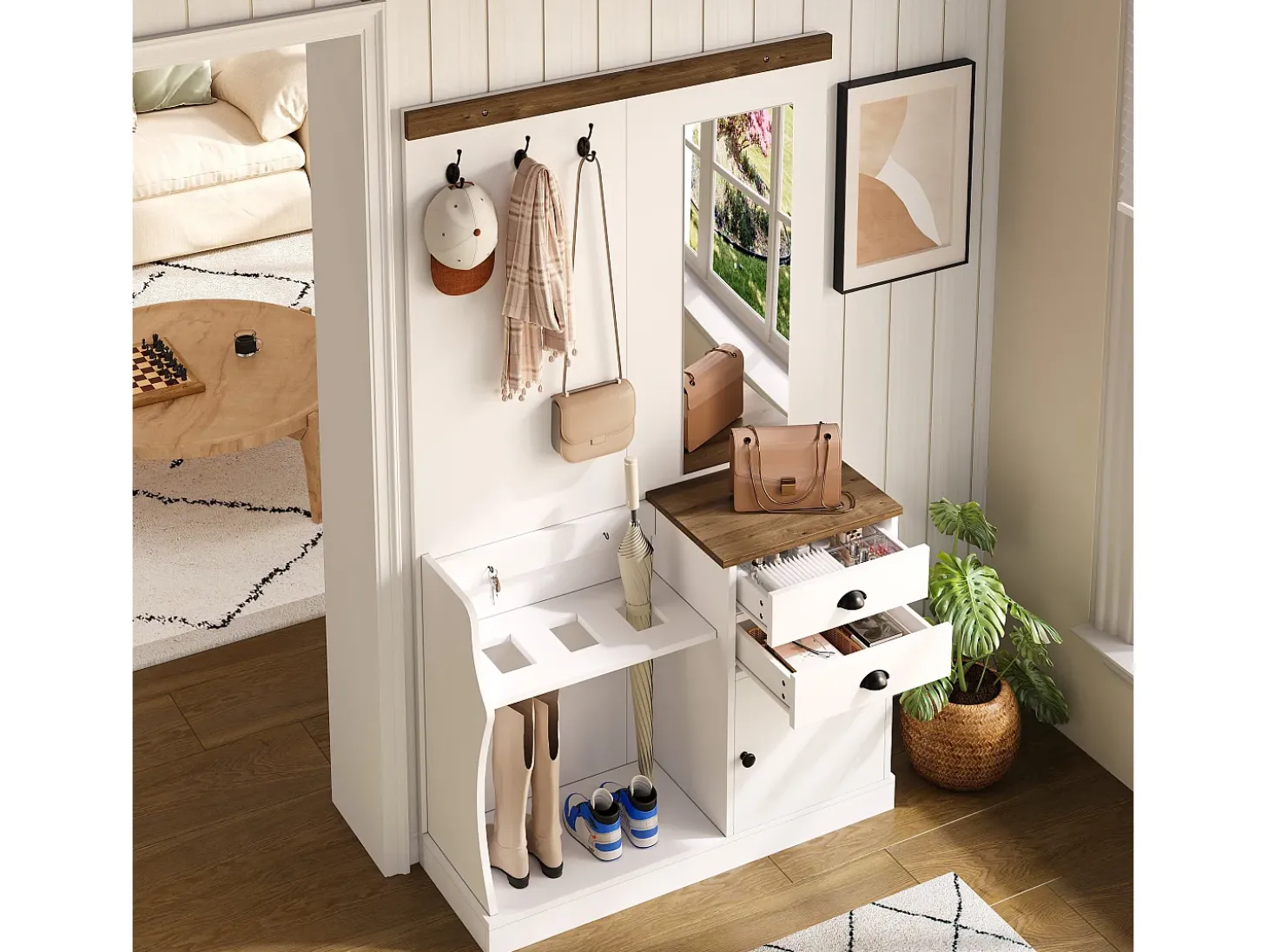 Roupeiro branco e madeira com espelho, 2 gavetas, 1 porta, ganchos e suporte para guarda-chuva 110,5x38x191cm