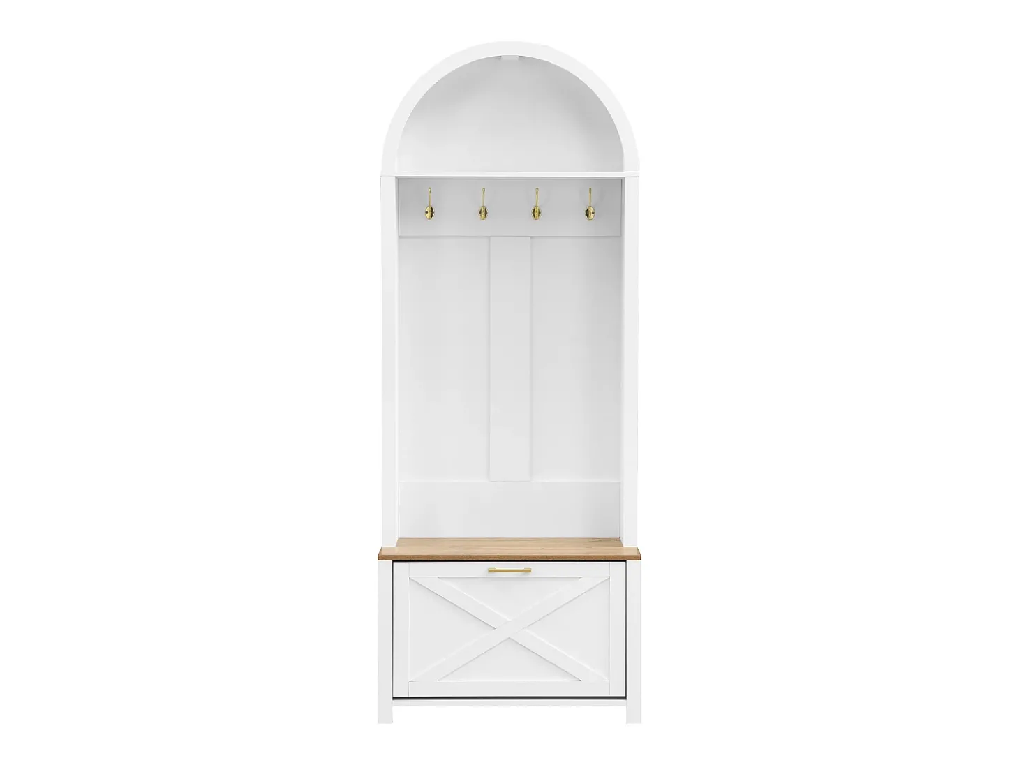 Roupeiro branco e natural com porta e ganchos dourados, design em arco 75x35x195cm