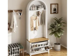 Roupeiro branco e natural com porta e ganchos dourados, design em arco 75x35x195cm