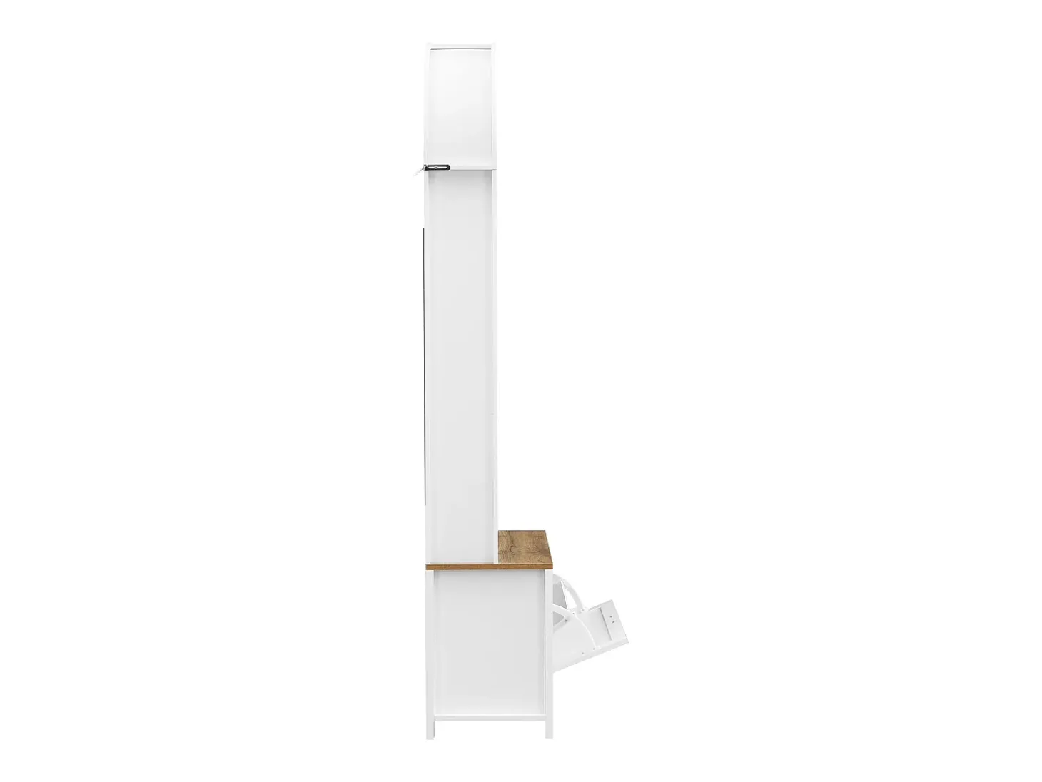 Roupeiro branco e natural com porta e ganchos dourados, design em arco 75x35x195cm