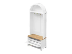 Roupeiro branco e natural com porta e ganchos dourados, design em arco 75x35x195cm