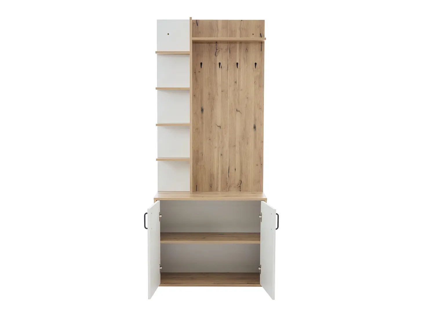 Roupeiro branco e natural com 2 portas, 5 prateleiras e ganchos, tampo em madeira granulada 75x33x180cm