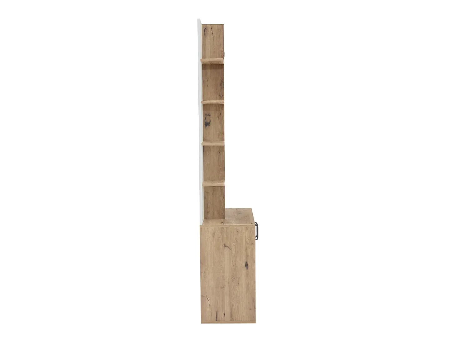 Roupeiro branco e natural com 2 portas, 5 prateleiras e ganchos, tampo em madeira granulada 75x33x180cm