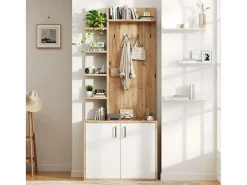 Roupeiro branco e natural com 2 portas, 5 prateleiras e ganchos, tampo em madeira granulada 75x33x180cm