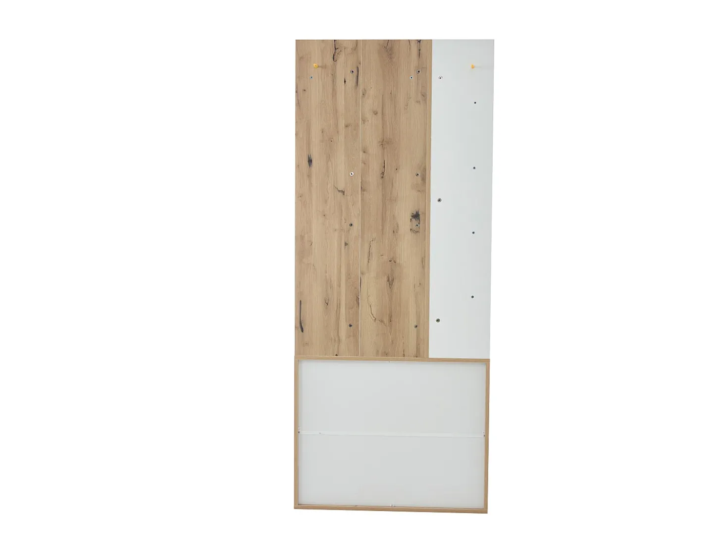 Roupeiro branco e natural com 2 portas, 5 prateleiras e ganchos, tampo em madeira granulada 75x33x180cm