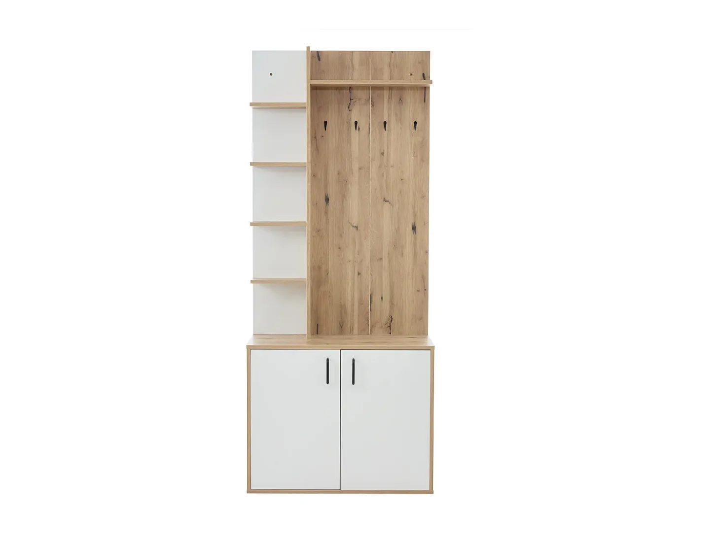 Roupeiro branco e natural com 2 portas, 5 prateleiras e ganchos, tampo em madeira granulada 75x33x180cm