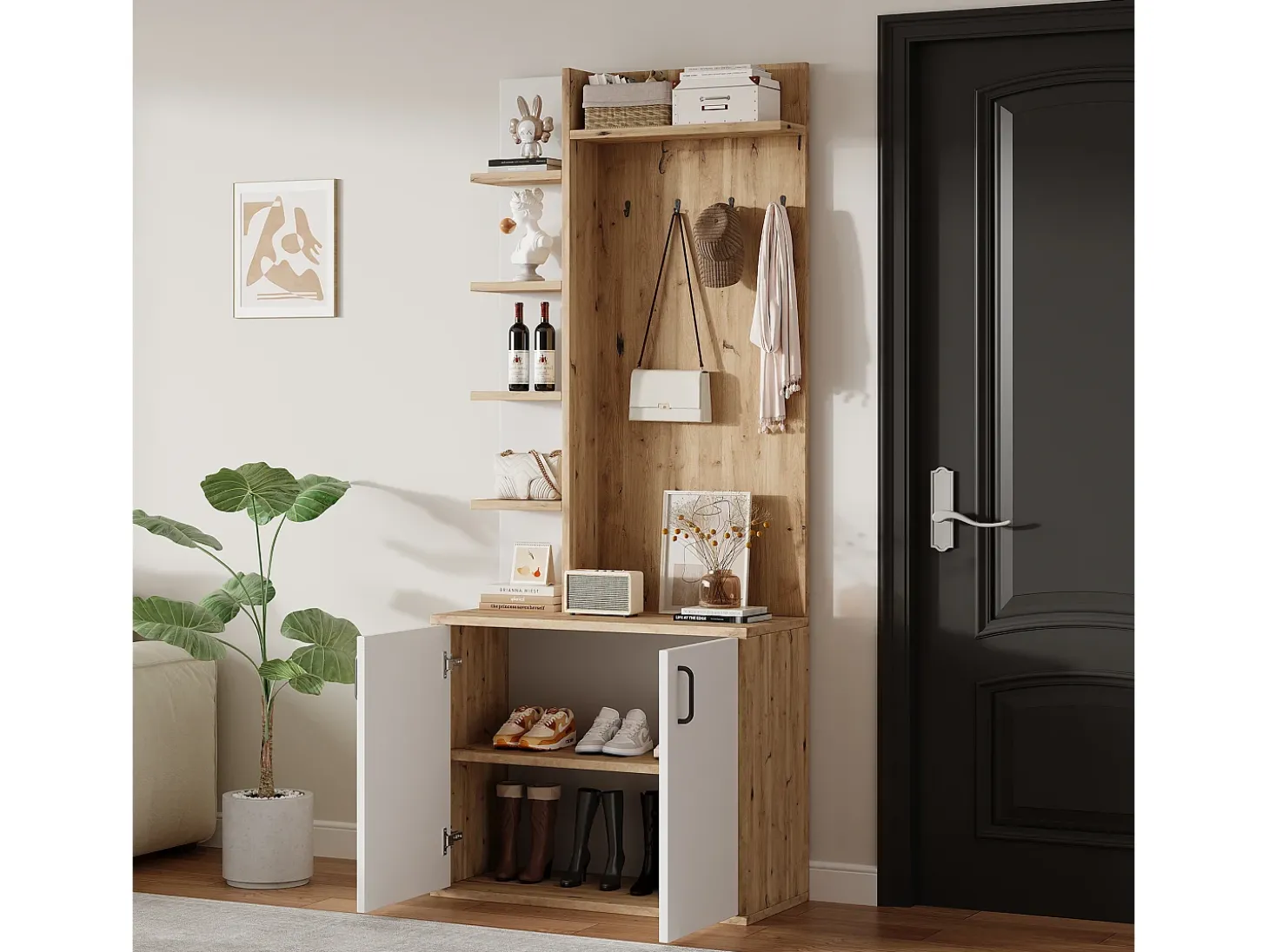 Roupeiro branco e natural com 2 portas, 5 prateleiras e ganchos, tampo em madeira granulada 75x33x180cm