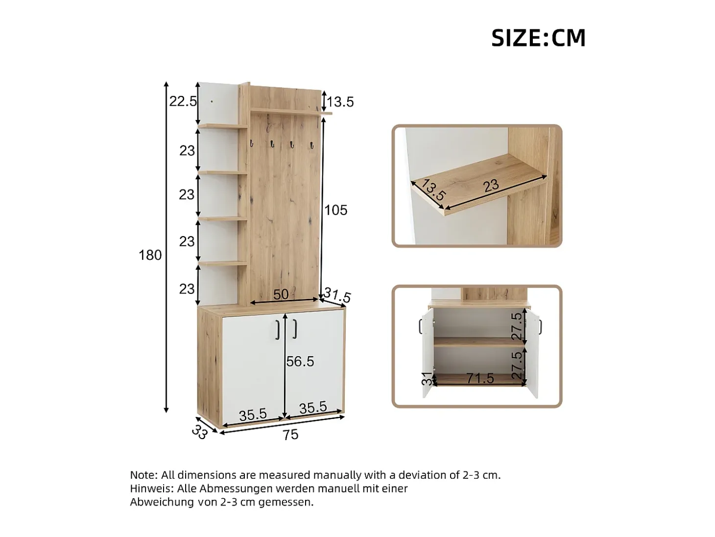 Roupeiro branco e natural com 2 portas, 5 prateleiras e ganchos, tampo em madeira granulada 75x33x180cm