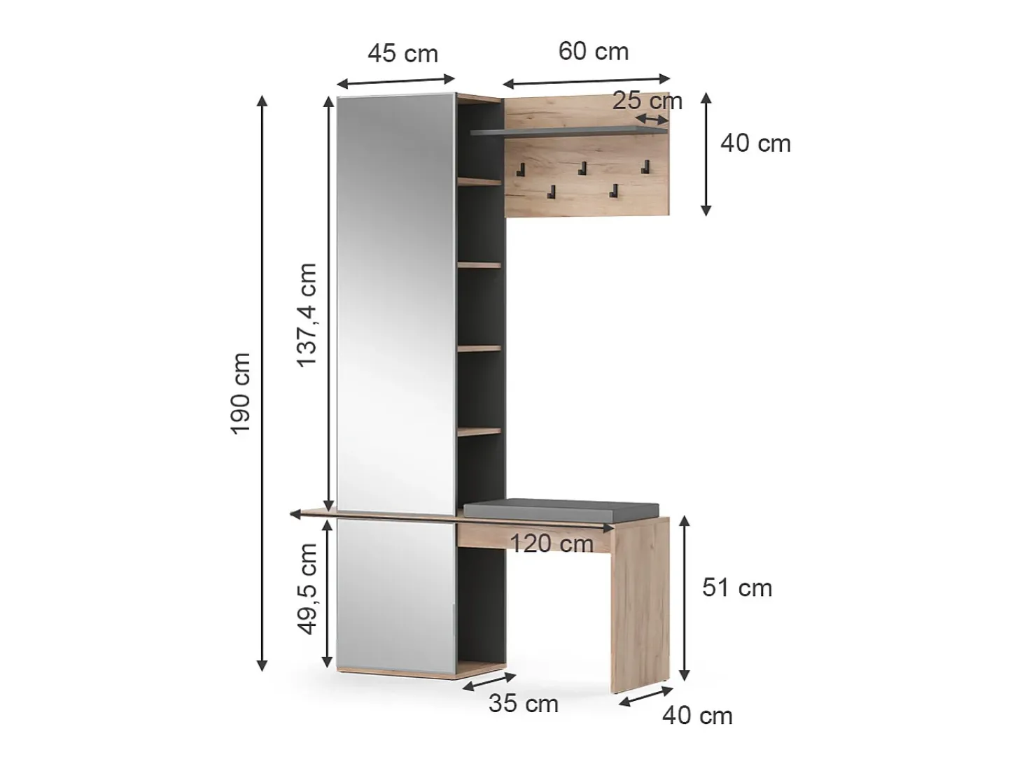 Roupeiro carvalho goldkraft 120x40x190 adeline