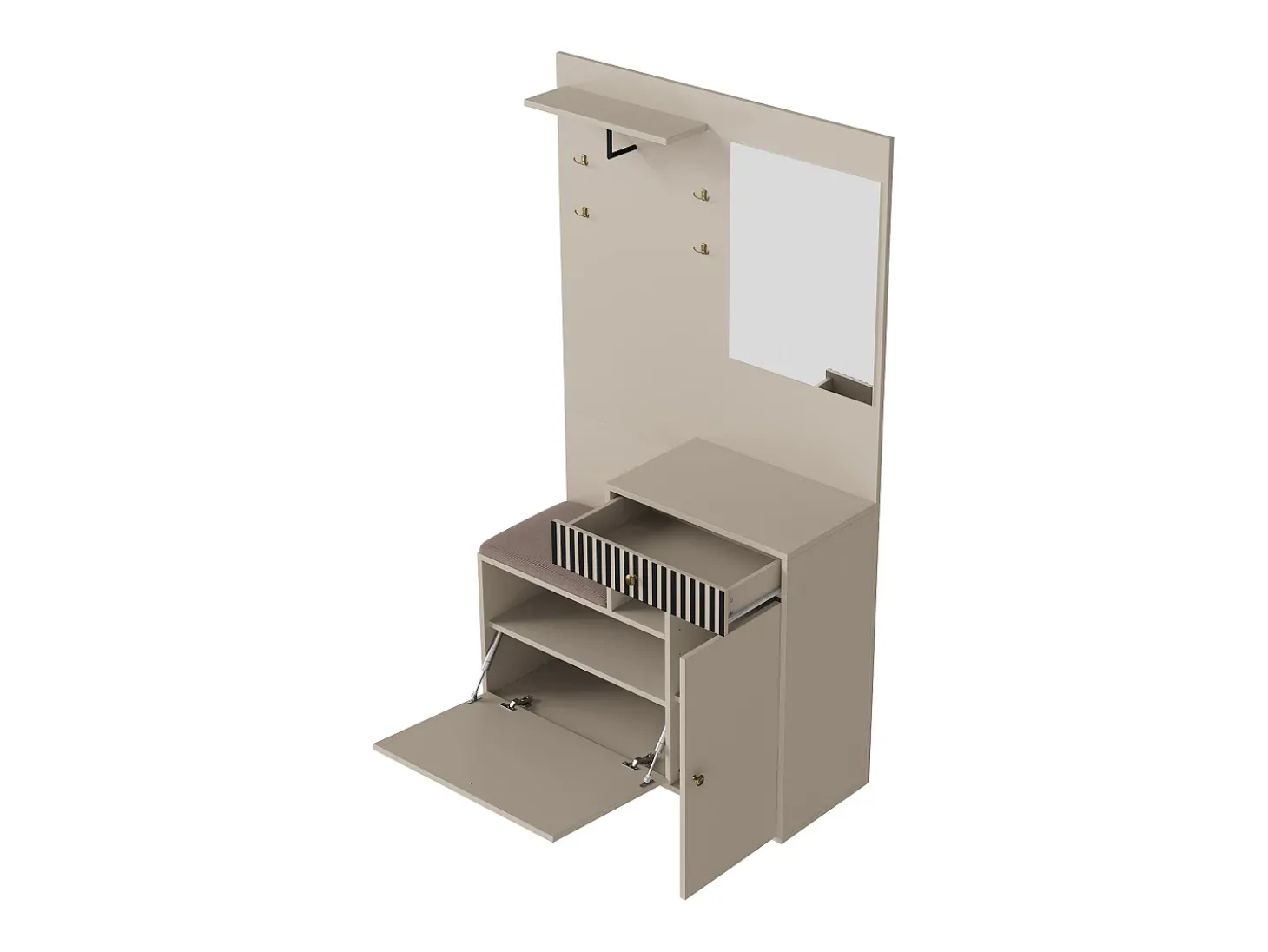Roupeiro com 2 portas, gaveta, espelho e almofada, material MDF 110x37x185,5 cm