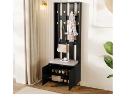 Roupeiro preto com 2 portas, sapateira e almofada, ganchos, pés dourados 60,5x35,2x180,5cm
