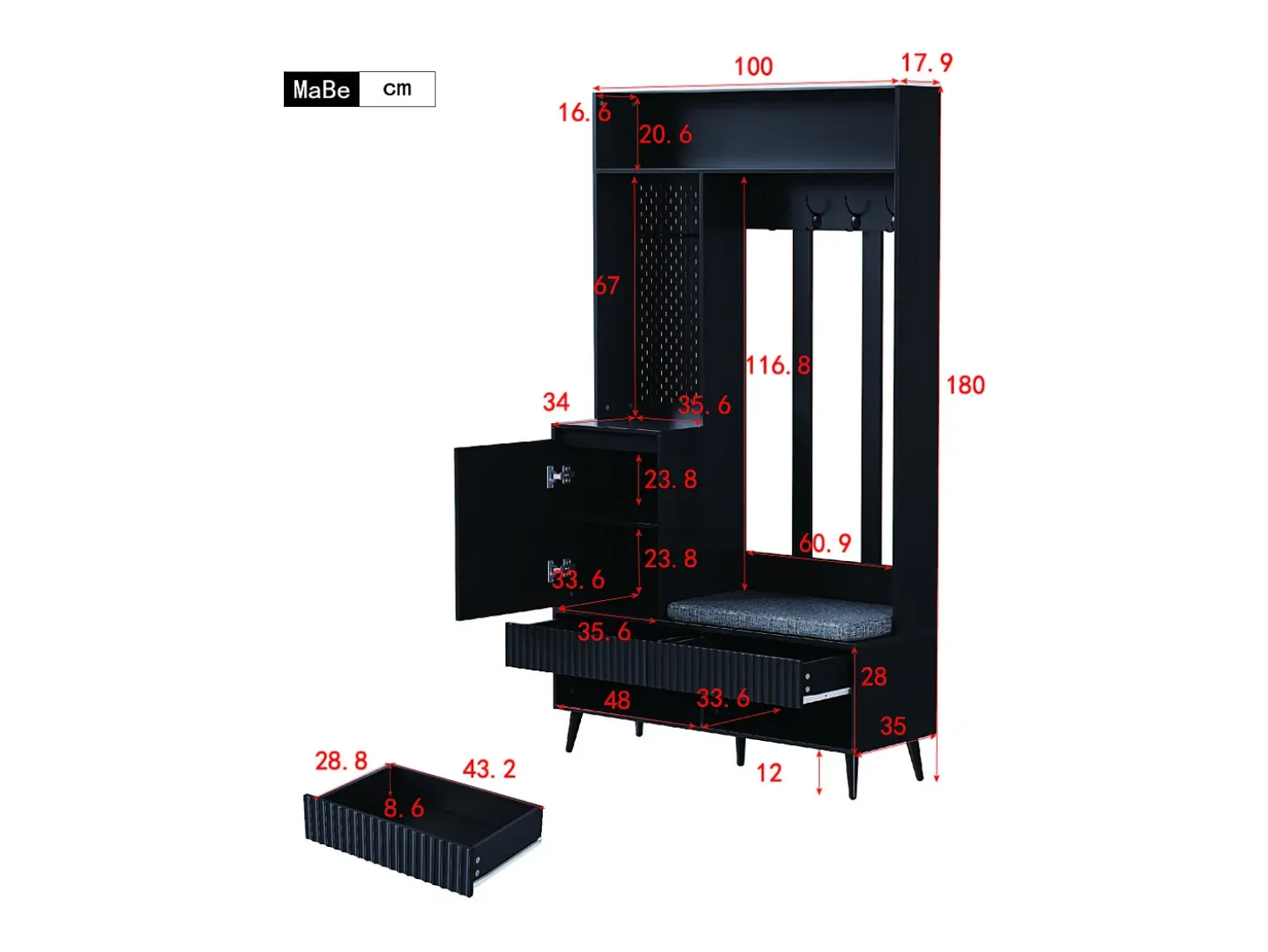 Roupeiro preto com 1 porta, 2 gavetas, 4 ganchos e 1 banco 100 x 35 x 180 cm