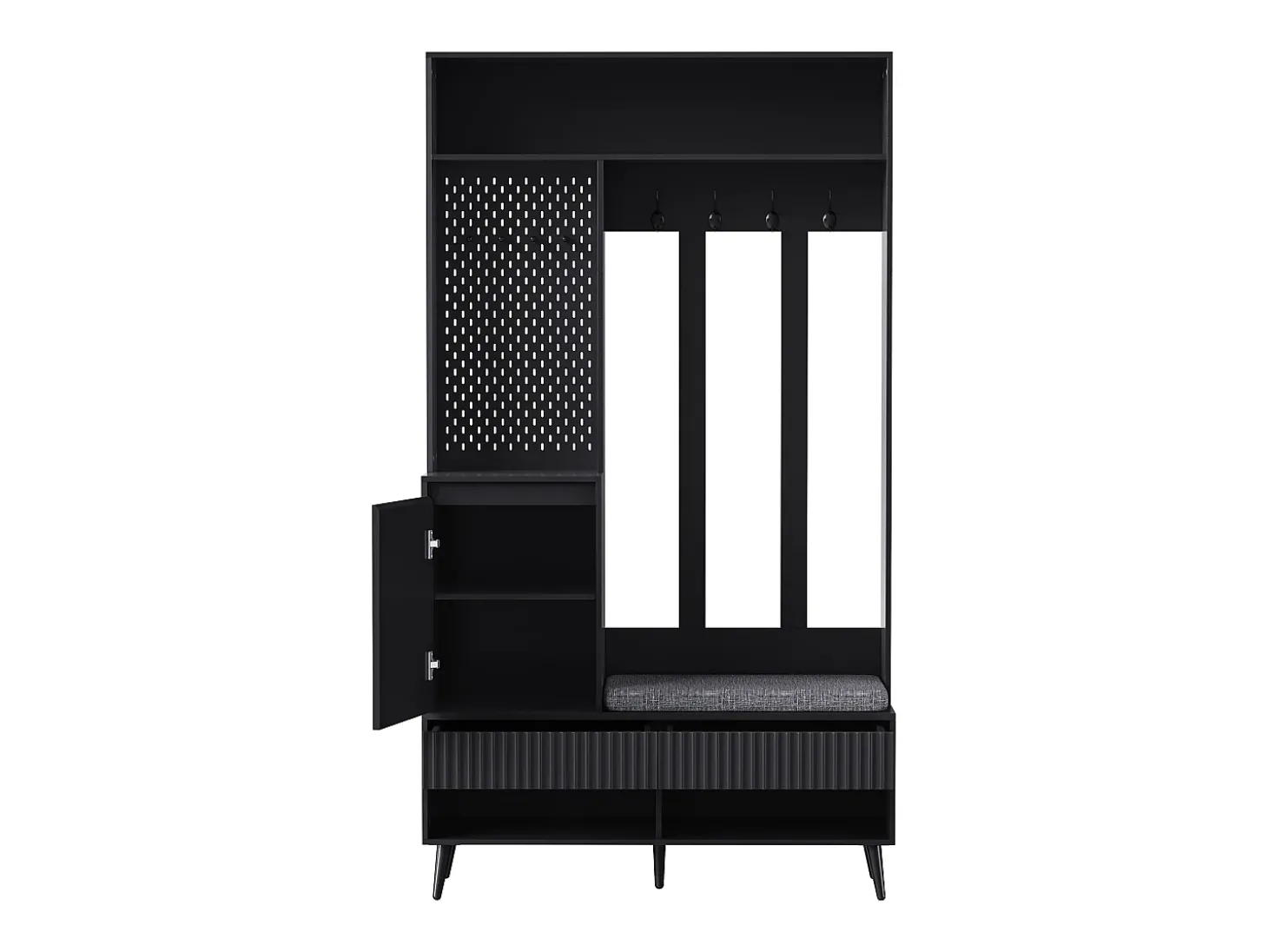 Roupeiro preto com 1 porta, 2 gavetas, 4 ganchos e 1 banco 100 x 35 x 180 cm