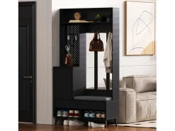 Roupeiro preto com 1 porta, 2 gavetas, 4 ganchos e 1 banco 100 x 35 x 180 cm