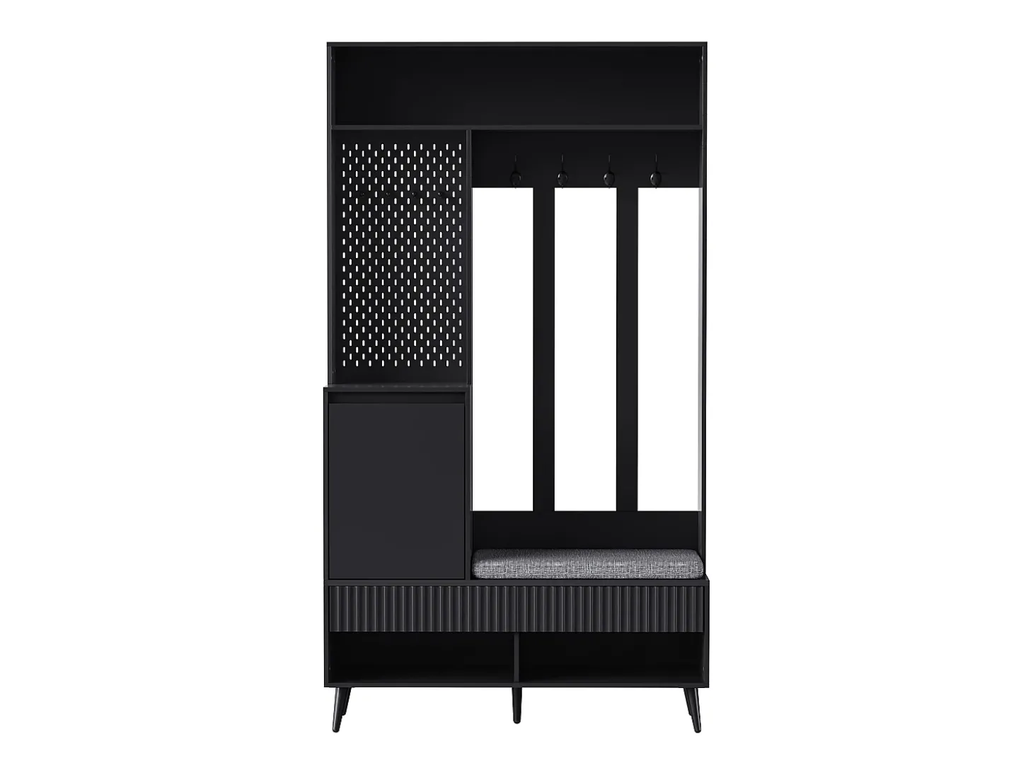 Roupeiro preto com 1 porta, 2 gavetas, 4 ganchos e 1 banco 100 x 35 x 180 cm