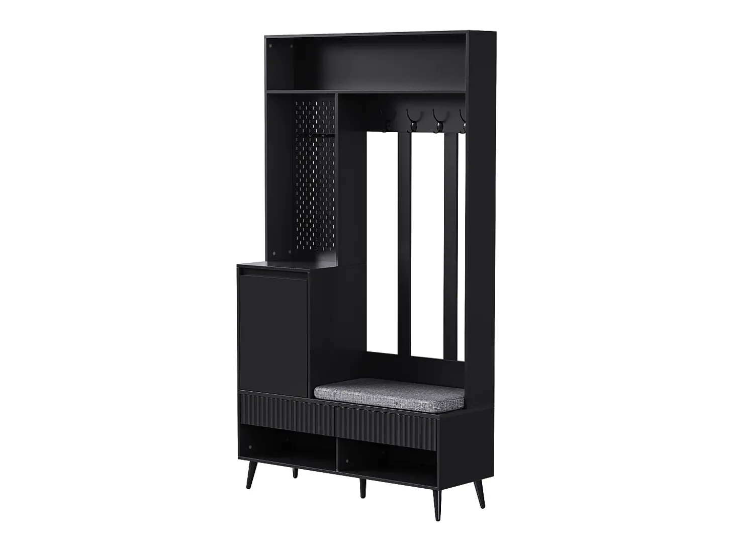 Roupeiro preto com 1 porta, 2 gavetas, 4 ganchos e 1 banco 100 x 35 x 180 cm