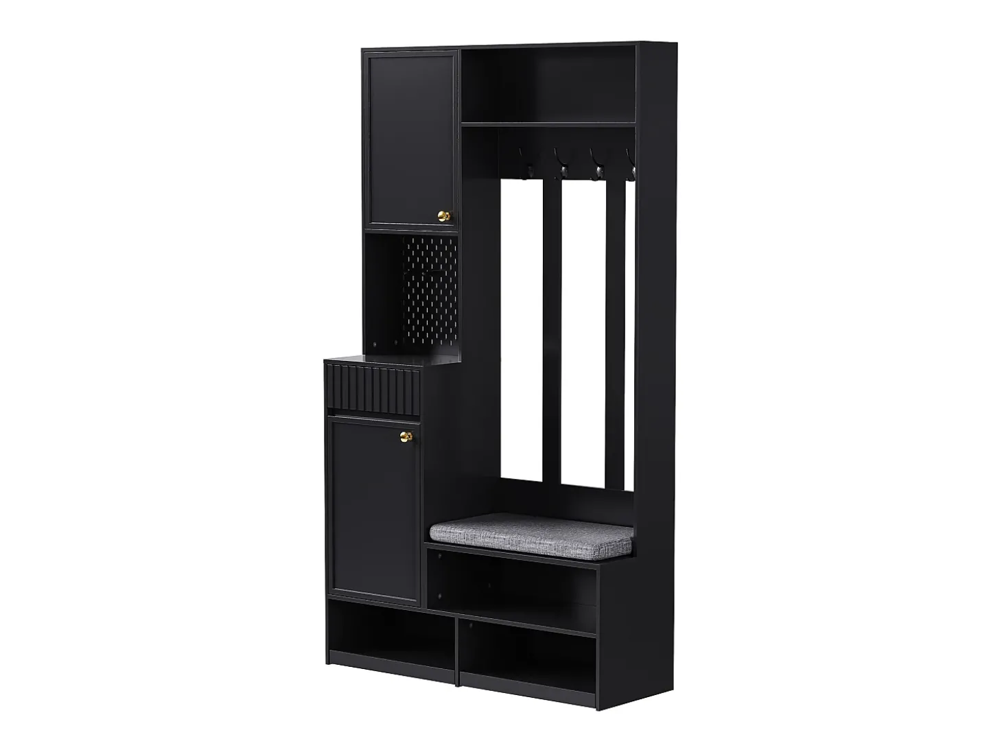 Roupeiro preto com 2 portas, 1 gaveta, 4 ganchos e 1 banco, 100x30x180cm