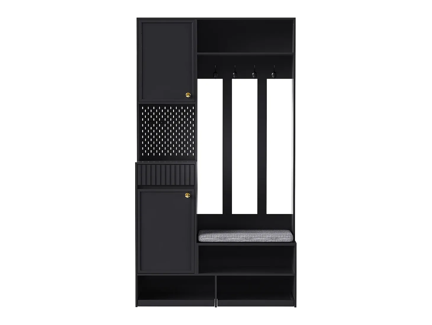 Roupeiro preto com 2 portas, 1 gaveta, 4 ganchos e 1 banco, 100x30x180cm