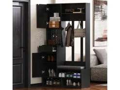 Roupeiro preto com 2 portas, 1 gaveta, 4 ganchos e 1 banco, 100x30x180cm
