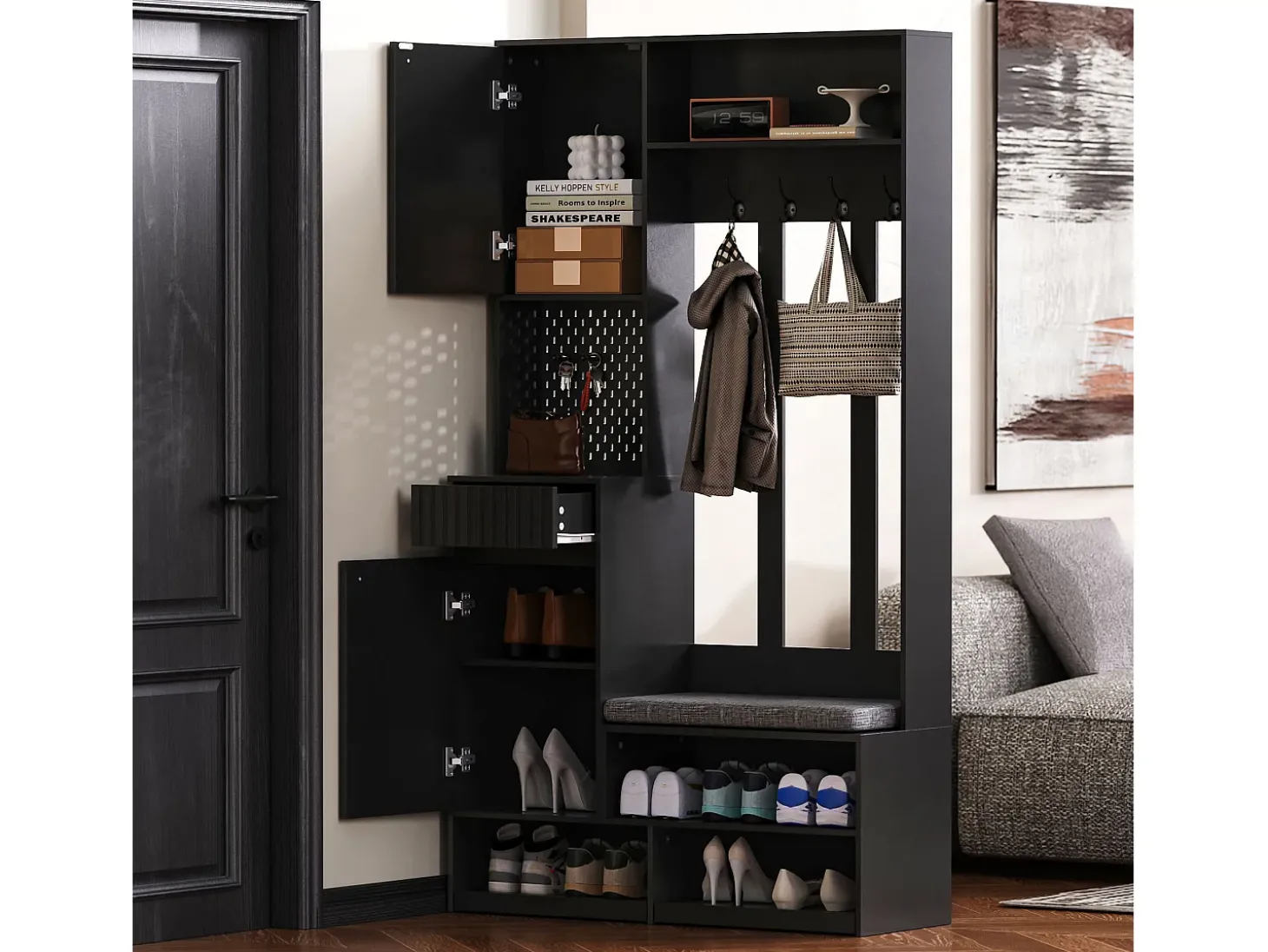 Roupeiro preto com 2 portas, 1 gaveta, 4 ganchos e 1 banco, 100x30x180cm