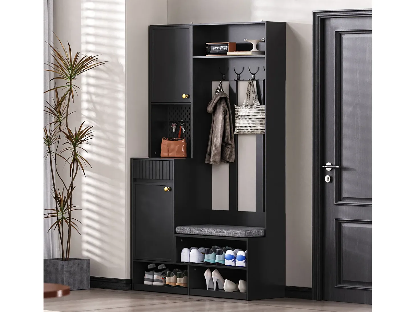 Roupeiro preto com 2 portas, 1 gaveta, 4 ganchos e 1 banco, 100x30x180cm